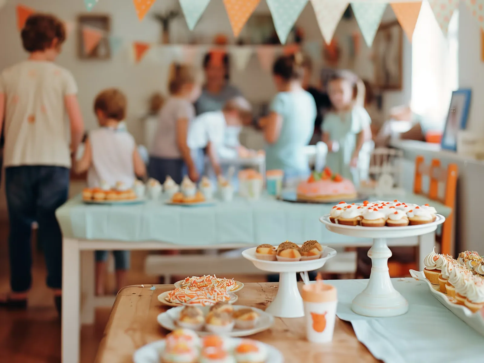 Children gathered at a table set up for a celebration