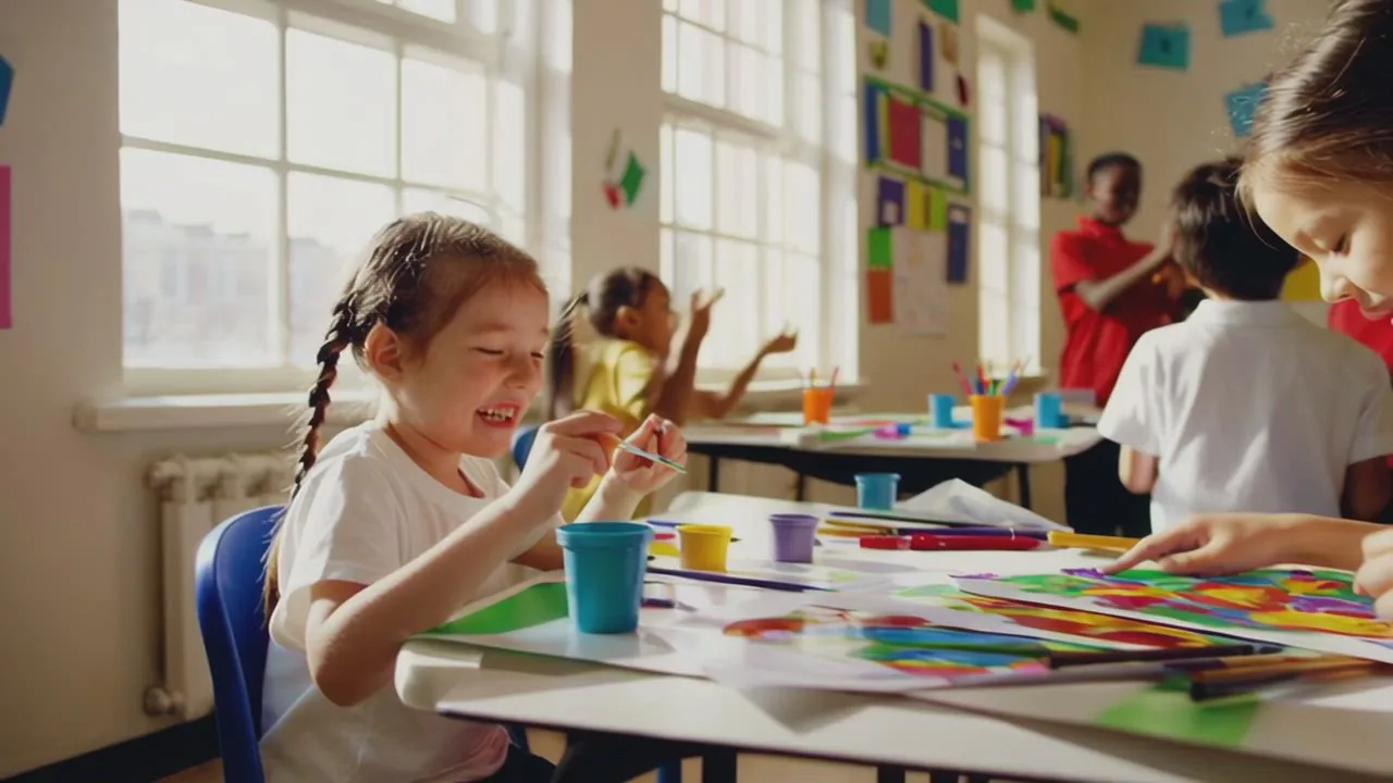 A child at a craft table holding a cup of water