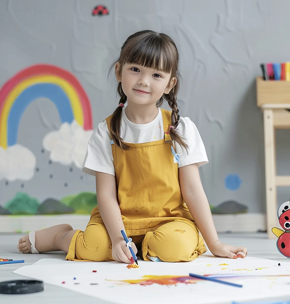 A child drawing on paper on the floor beneath a painted rainbow